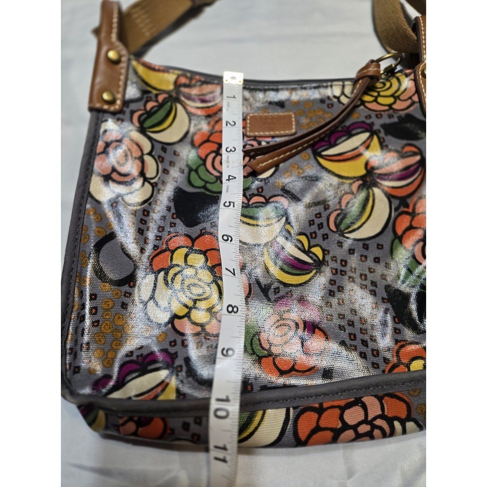 Vtg Fossil Key-Per Crossbody Bag Floral Grey Brown Oilcloth Medium Durable Zip - Picture 7 of 11